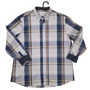 Nick Graham Gray Blue Plaid Stretch Modern Fit Button Down‎ Shirt 2XL